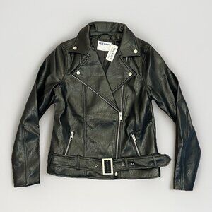 Old Navy Women's Faux Leather Belted Biker Jacket Size XS Black Full Zip NWT